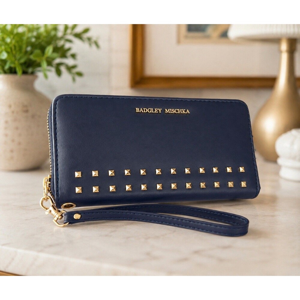 Badgley Mischka Blue Vegan Leather Studded Small Pockets Purse Wristlet NWT $59